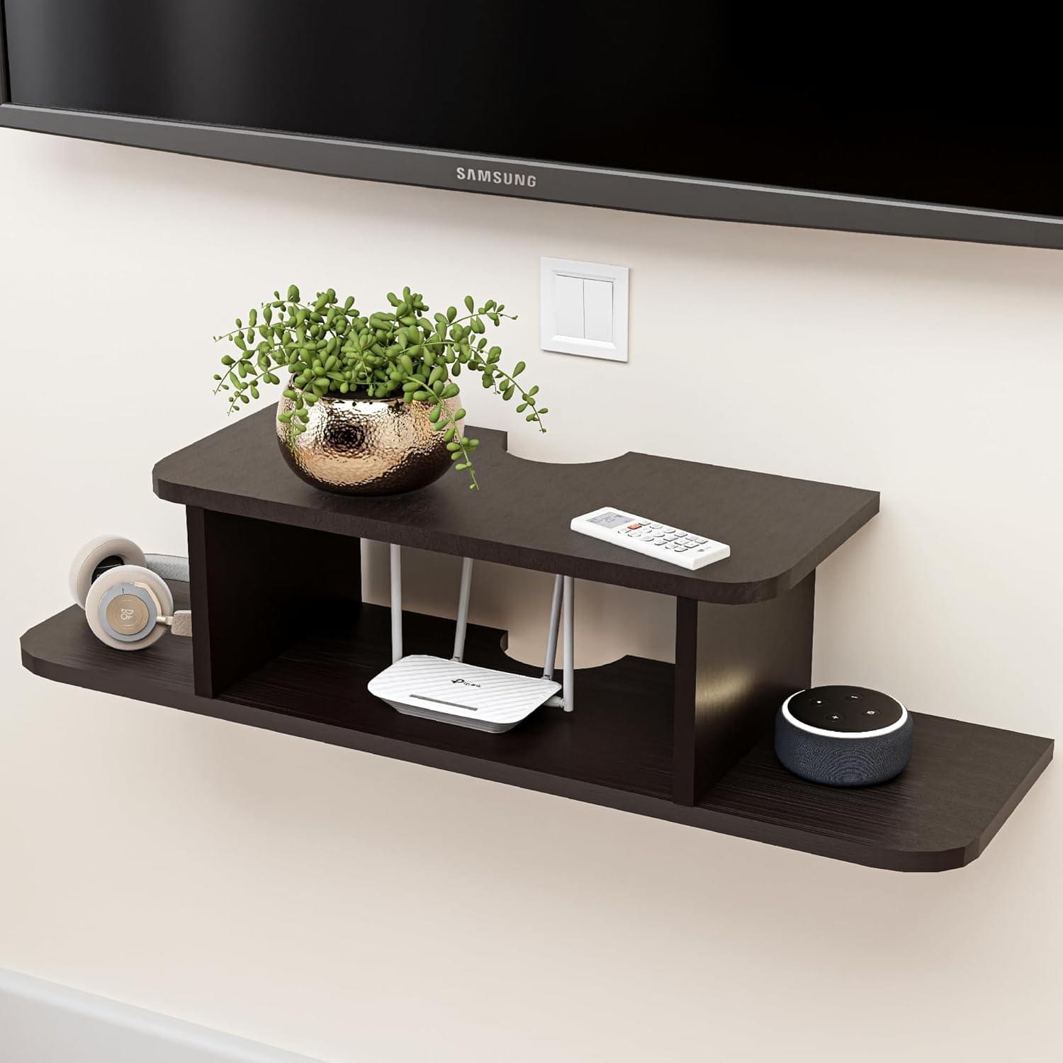 71QEwrsIXaL._SL1500_.jpg Wudlix MDF Wooden Set Top Box Wall Stand | Modern TV Unit Shelf for Remote, Router WiFi Holder | Book Shelf Wall Rack for Living Room | Brown - Image 1