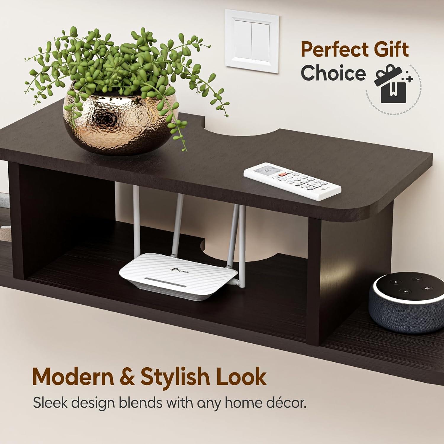 Wudlix MDF Wooden Set Top Box Wall Stand | Modern TV Unit Shelf for Remote, Router WiFi Holder | Book Shelf Wall Rack for Living Room | Brown - Image 2